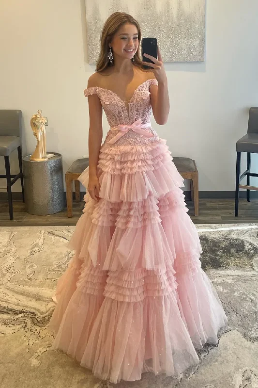 Flowy DressPink Tulle Lace Off-the-Shoulder Ruffles Tiered Long Prom Dress Y2313