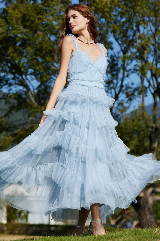 Flutter-Sleeve DressFrench Style Ruffle V Neck Sleeveless Tiered Tulle Evening Maxi Dress - Blue