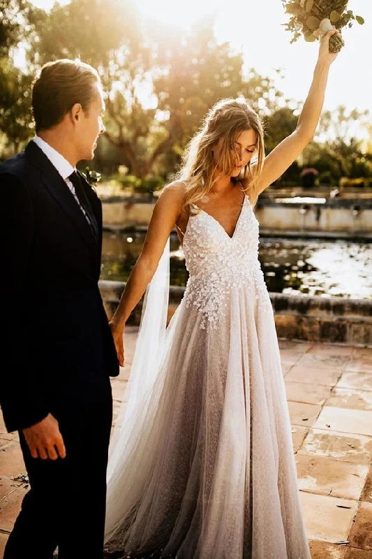 women's beach dressesRoycebridal Tulle Open Back Spaghetti Straps Wedding Dresses Romantic Bridal Dresses,MW502