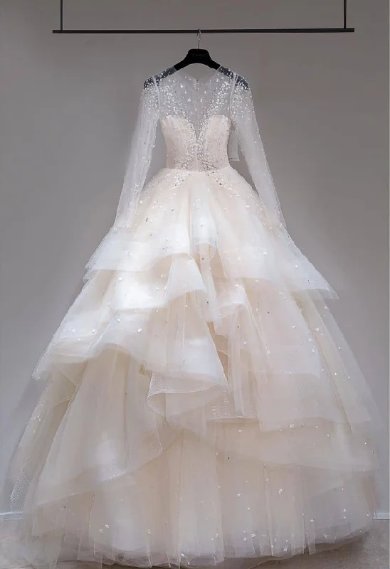 Shift DressElegant A Line Long Sleeve Beaded Sequin Tiered Tulle Wedding Dress SH2230