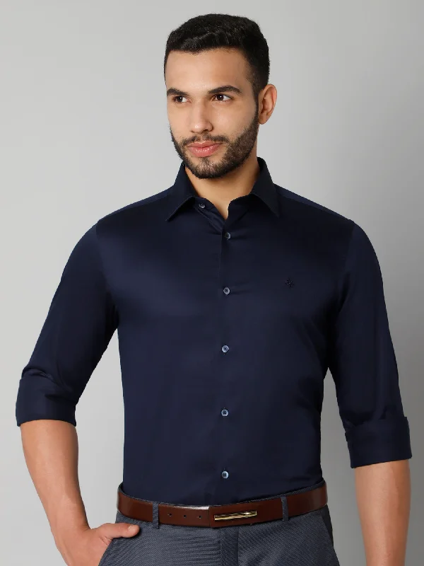 Men's Golf Shirts for On-Course StyleMen's Navy Blue Party Plain Satin Full Sleeve Shirt