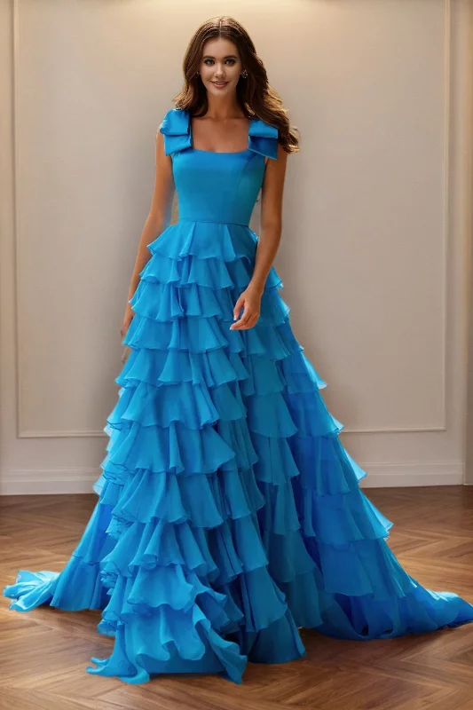 Cold-Shoulder DressOcean Blue Sleeveless Chiffon Layers A Line Party Dress