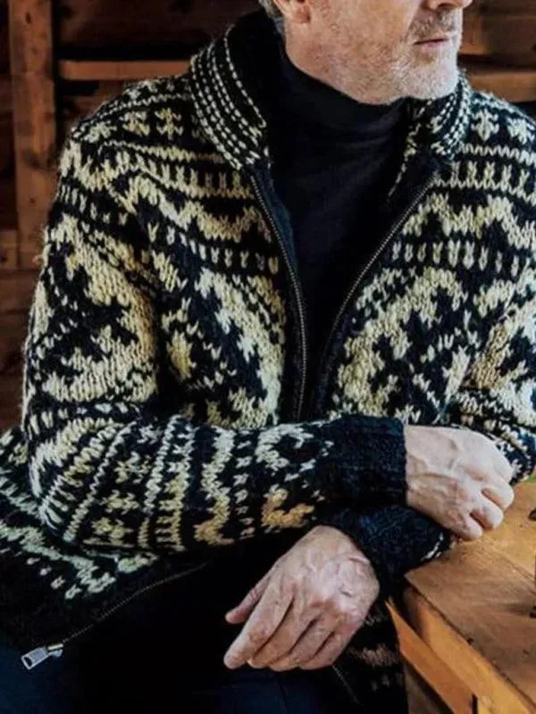 Men's Sweaters with Elastic CuffsJacquard Knitted Men Cardigan Sweater